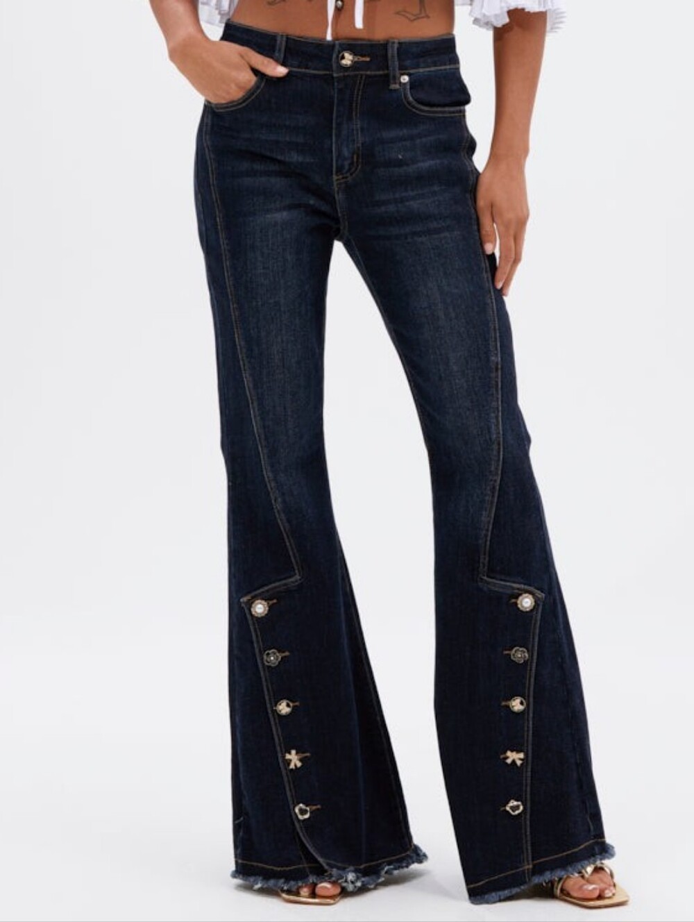 AKIRA Dark Indigo Button-Accent Flared Jeans